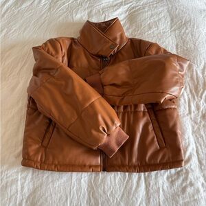 Anthropologie Brown Faux Leather Puffer Jacket